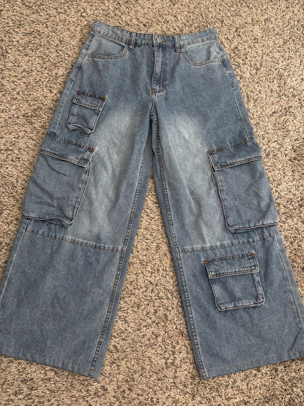 Women’s Blue Wide-Leg Cargo Denim Jeans